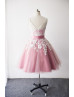 Ivory Lace Mauve Tulle V Back Knee Length Classic Bridesmaid Dress